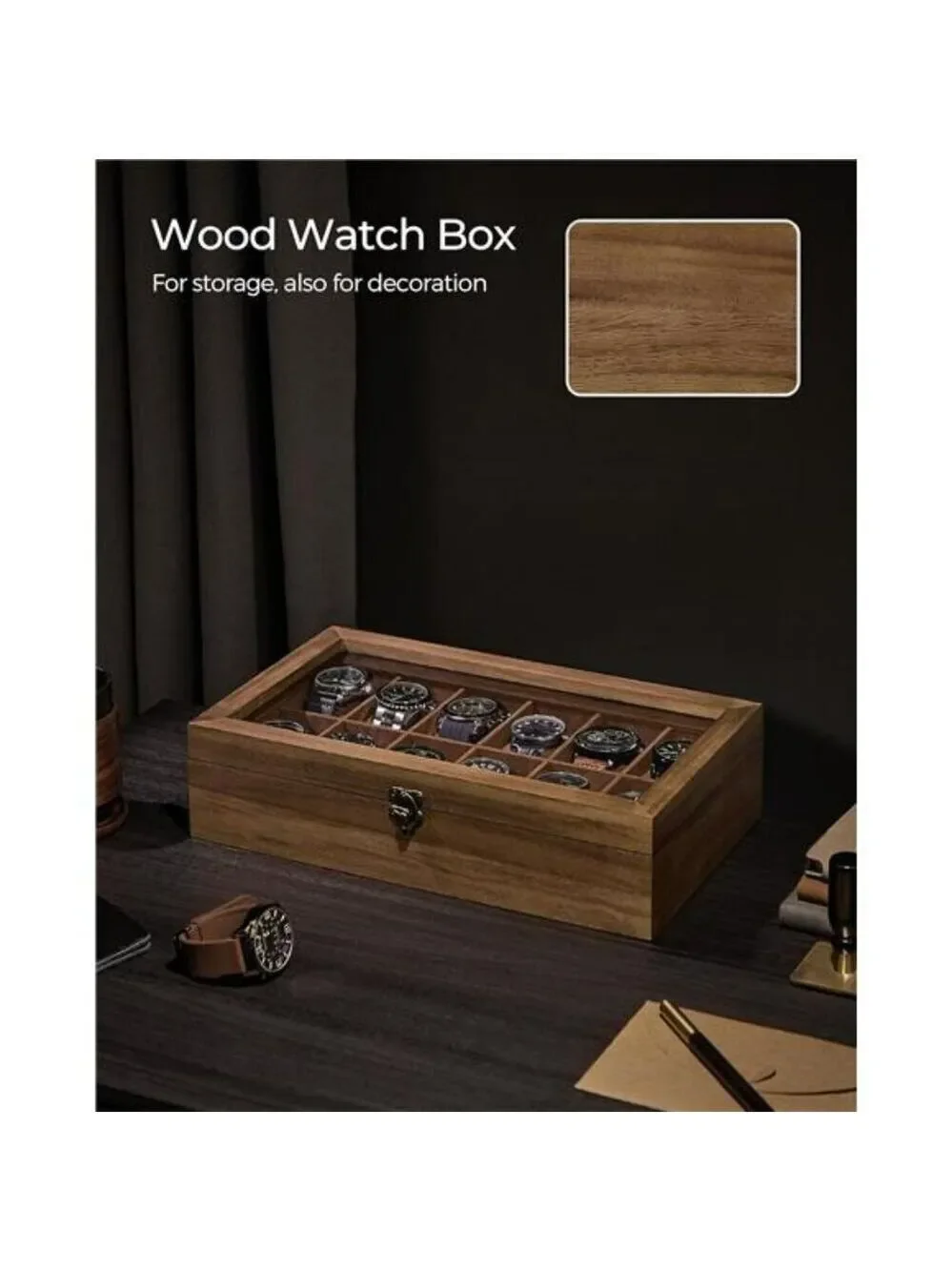 Wood Watch Box Organizer 12 Slot Glass Lid Display Case Rustic Walnut Storage